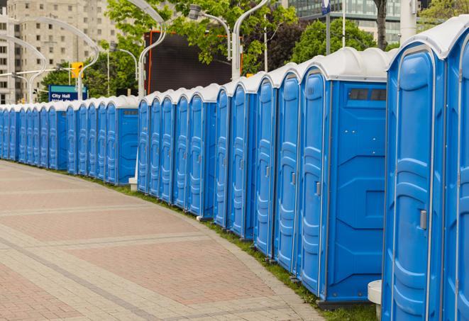 portable restrooms with sink and hand sanitizer stations, available at a festival in Bertram